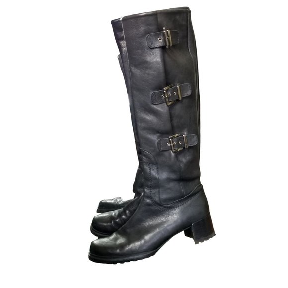 Stuart Weitzman Tall Black Leather Buckle Heeled Riding Boots size 8.5 - Picture 3 of 15